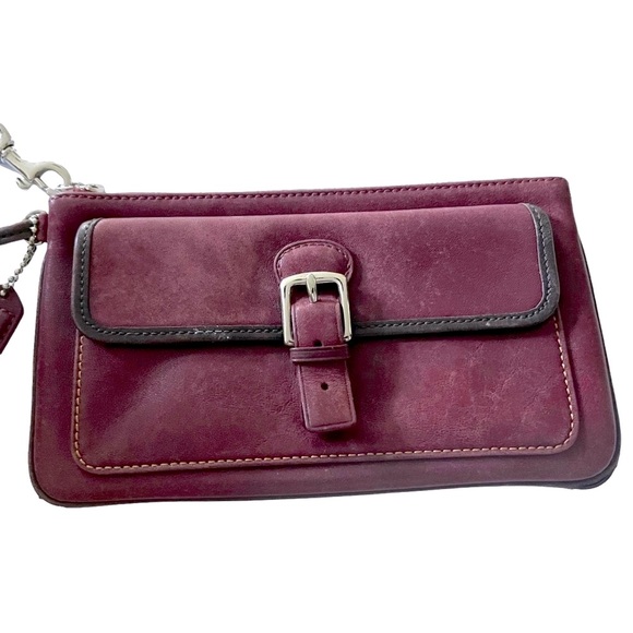 VINTAGE COACH Clutch Bag Y2K Red Leather Clutch Brown Trim Wristlet 744-23 - Picture 10 of 13